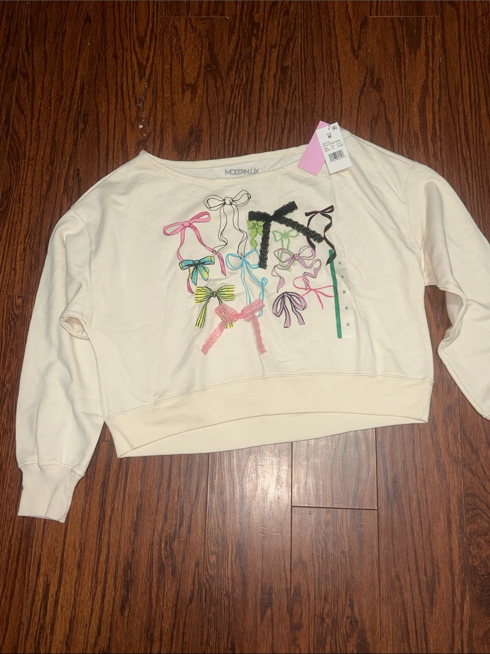 Modern Lux Cream Cropped Sweatshirt with Multicolor Bow Details